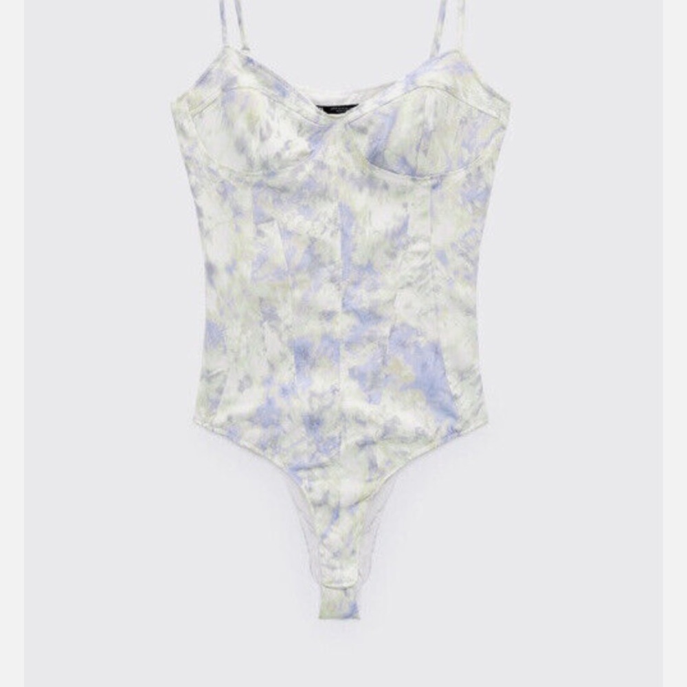 Zara Blue and White watercolor bustier Bodysuit